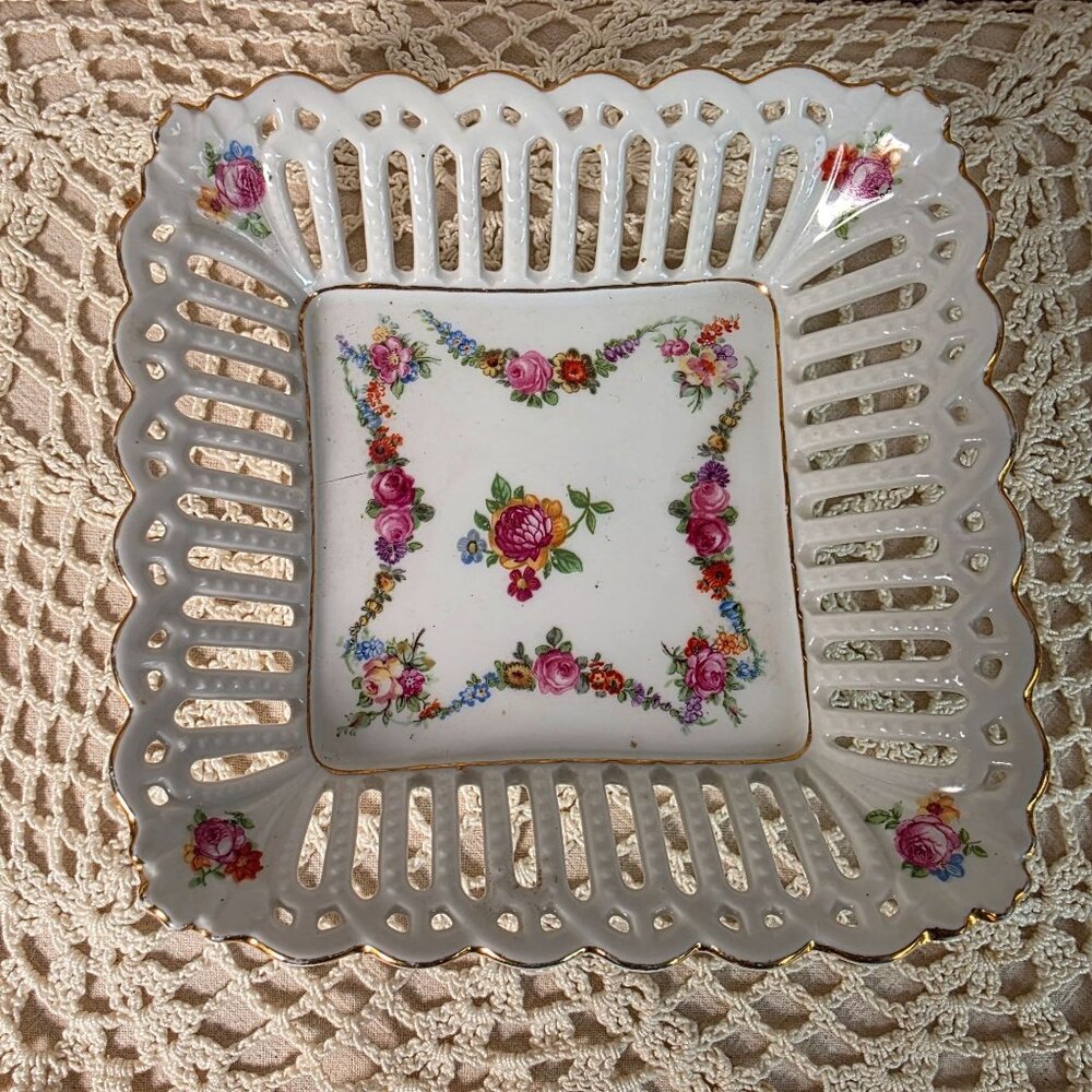 Vintage German Porcelain Square Lattice Candy Dish With Floral Pattern & Gold